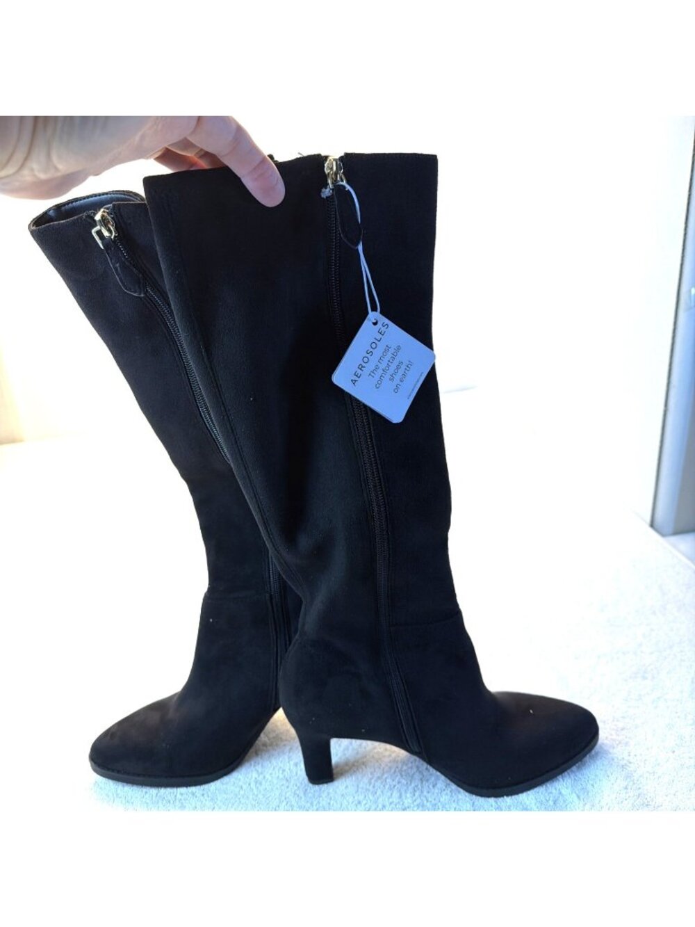 Aerosole Knee Hi Boots Faux Suede High Heel Dark Brown Side Zip SZ 8.5 NEW